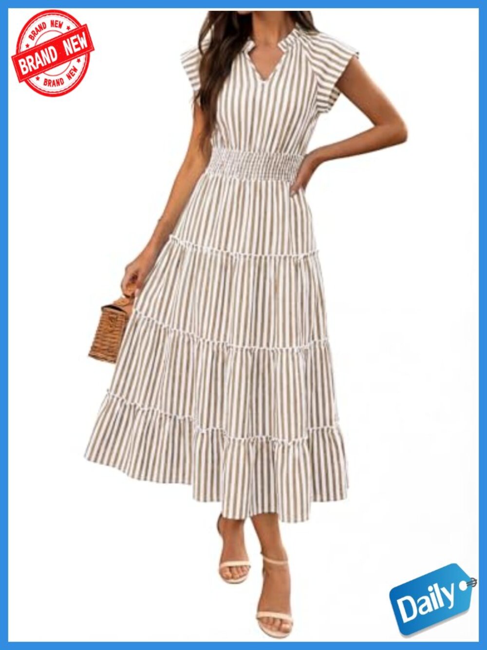 Womens Summer Maxi Dress V Neck Cap Sleeve Flowy Tiered Beach Vacation Midi